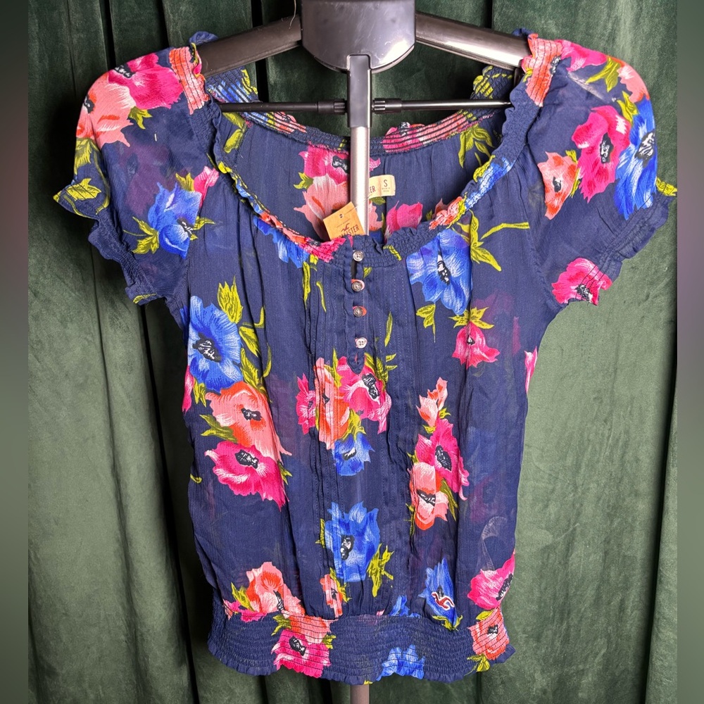 Hollister Navy Sheer Floral Off Shoulder Peasant Top - Pink Blue Small